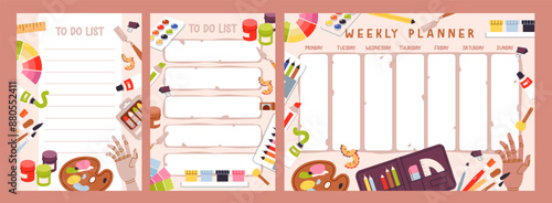 Weekly planner and to do sheet with art supplies. Painting tools and art class studio supplies. Kids task schedule
