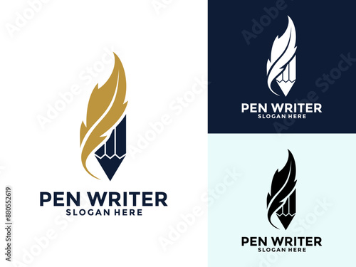 Pen Writer logo design, Feather quill with pencil author logo design icon