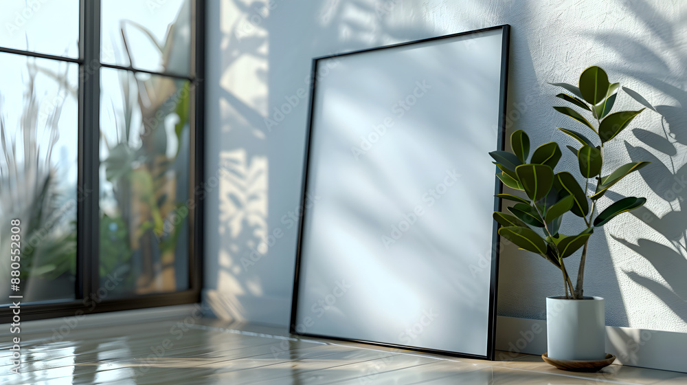 Blank Picture Frame Mockup Next to Houseplant in Sunlit Room Blank Picture Frame Mockup Next to Houseplant in Sunlit Room