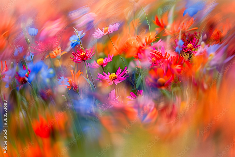 A vibrant field of wildflowers swaying in the breeze A vibrant field of wildflowers swaying in the breeze
