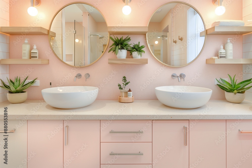 A soft pink round bathroom with double vanity sinks, plants on framed mirrors, and floating shelves. The modern craftsman design exudes style and functionality. A soft pink round bathroom with double vanity sinks, plants on framed mirrors, and floating shelves. The modern craftsman design exudes style and functionality.