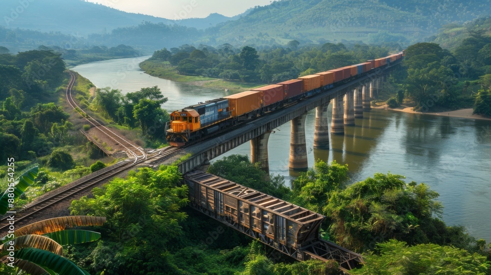 A freight train transporting cargo containers across a long railway bridge over a river. A freight train transporting cargo containers across a long railway bridge over a river.