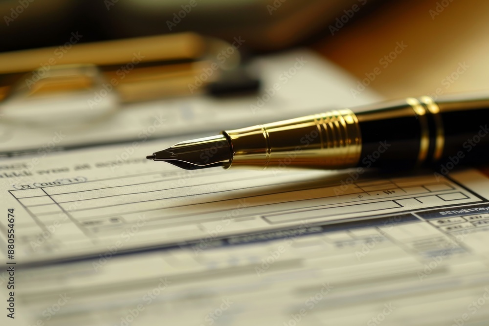 Golden fountain pen is lying on a contract form, ready to be used for signing an important business deal Golden fountain pen is lying on a contract form, ready to be used for signing an important business deal