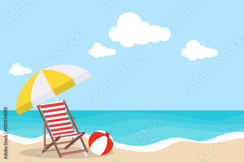 Sea holiday logo. Seaside holiday concept with sun lounger, beach umbrella and beach ball. Vector, cartoon illustration. Vector.