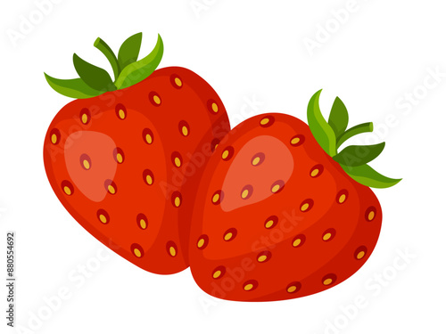 Two Fresh sweet strawberries, bright Red berries. Hand drawn summer strawberry trendy flat style isolated for design. Vector illustration