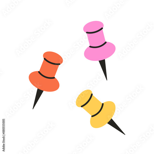 Push pins, attaching buttons, thumb tacks for marking, pricking. School and office supplies, stationery. Vector illustrations in flat style
