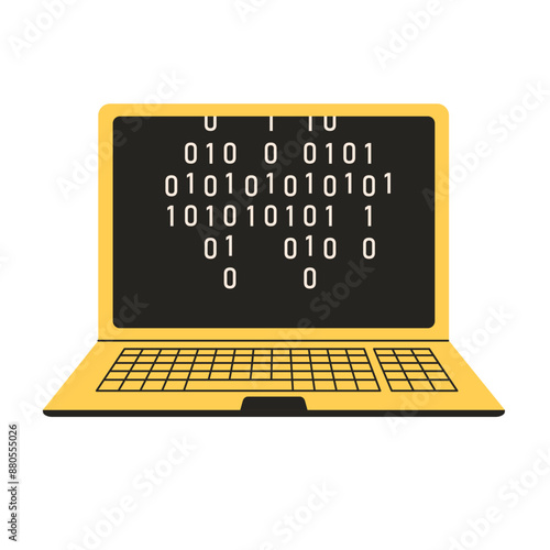 Script coding and programming concept. User programming coding binary code on laptop. Icon for web, blog, seo, social media, internet advertising. Vector illustration in flat style
