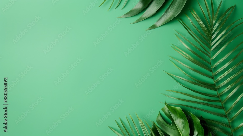 Green tropical leaves forming a corner border on a vibrant green background. Perfect for nature-themed designs and organic concepts. Green tropical leaves forming a corner border on a vibrant green background. Perfect for nature-themed designs and organic concepts.