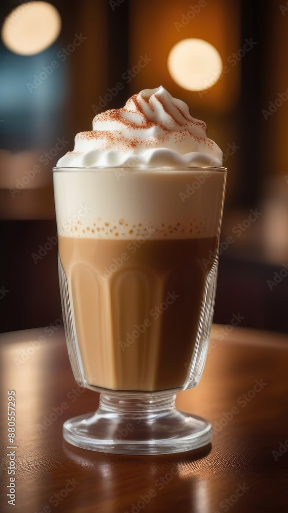 Coffee latte glass with cream foam and cinnamon stick on wooden table on brown bar or cafe background, vertical picture Coffee latte glass with cream foam and cinnamon stick on wooden table on brown bar or cafe background, vertical picture