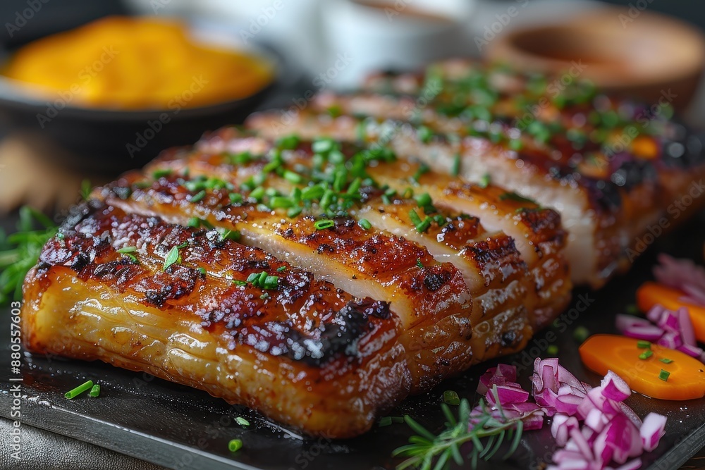 A serving of podsherevok, a roasted pork belly dish, sliced and served with mustard and pickled vegetables. A serving of podsherevok, a roasted pork belly dish, sliced and served with mustard and pickled vegetables.