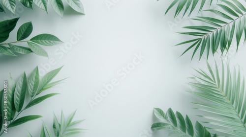 Minimalist background with green tropical leaves framing a light surface, creating a fresh and natural design. Ideal for various uses.