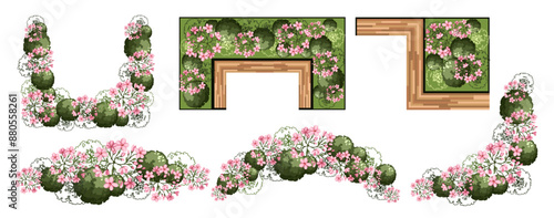 Top view elements for the landscape design plan. Trees and bench for architectural floor plans. Entourage design. Various floral trees, bushes, and shrubs. Vector illustration.