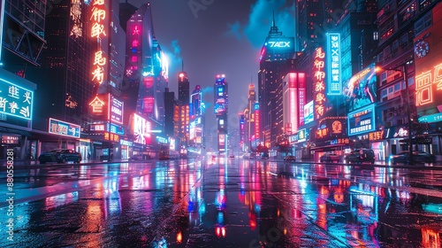 Cyberpunk City Street at Night with Rain.