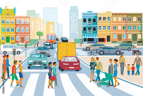 Stadt mit Autos und Fußgängern auf dem Zebrastreifen, Illustration