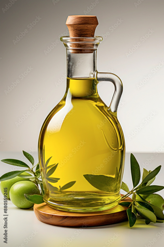 Glass bottle of olive oil with cork stopper Glass bottle of olive oil with cork stopper