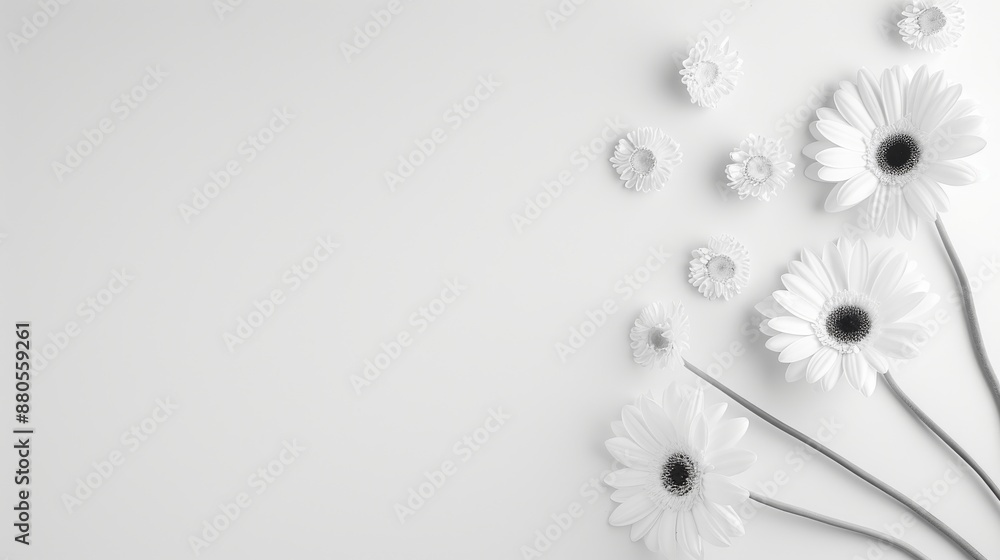 Fototapeta premium Minimalist white floral background with daisies on a light gray surface. Perfect for presentations, invitations, and design projects.