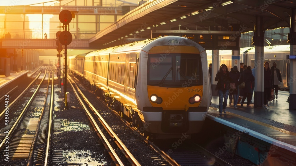 Naklejka premium A modern commuter train arriving at a bustling urban station platform filled with passengers.
