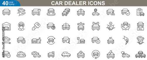 Car dealer icons set vector illustration. Car, sales, finance, Test drive, warranty, service, insurance and electric vehicles. 