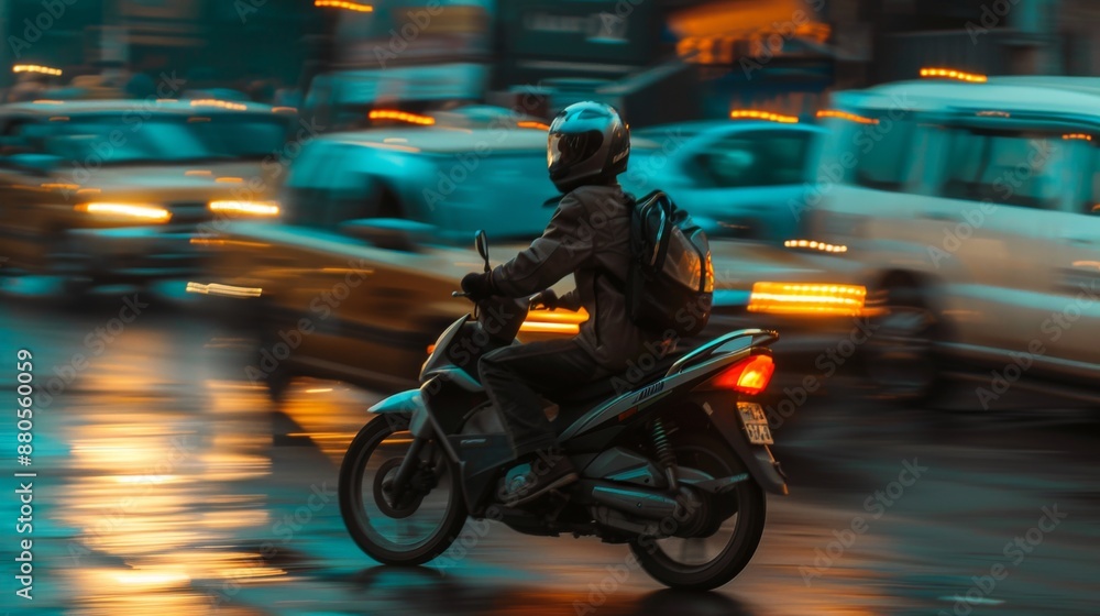 A motorbike taxi weaving through traffic on a congested city street. A motorbike taxi weaving through traffic on a congested city street.