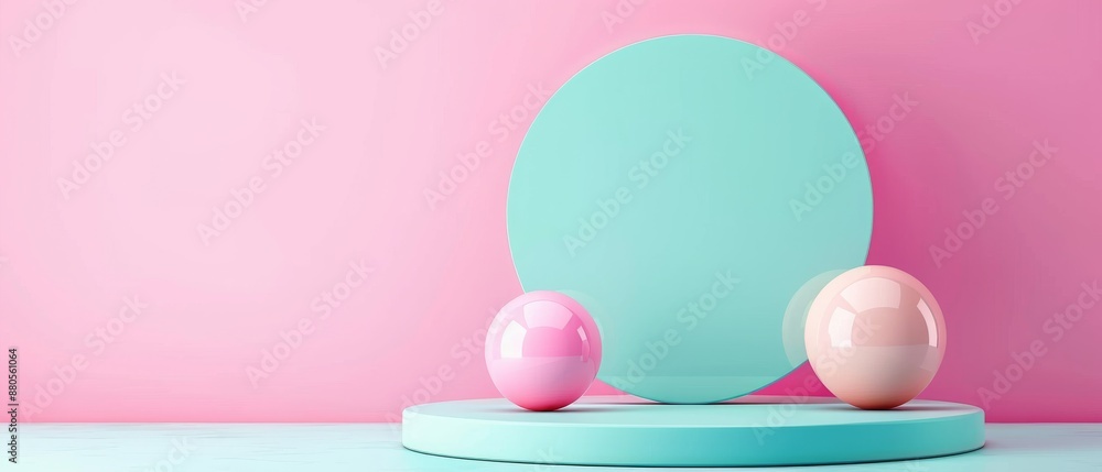 Modern abstract background with pastel pink and turquoise shapes, featuring geometric podium and spheres, perfect for minimalist design. Modern abstract background with pastel pink and turquoise shapes, featuring geometric podium and spheres, perfect for minimalist design.