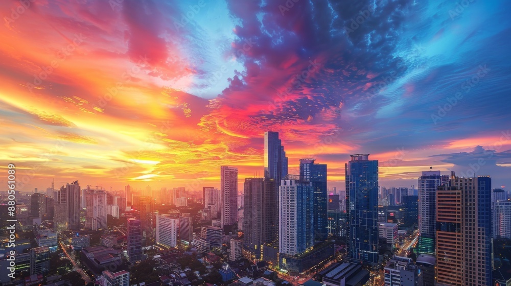 A panoramic view of city skyscrapers against a colorful sunset sky. A panoramic view of city skyscrapers against a colorful sunset sky.