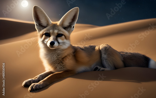 Silent night scene of a fennec fox navigating the dunes in the Sahara Desert photo