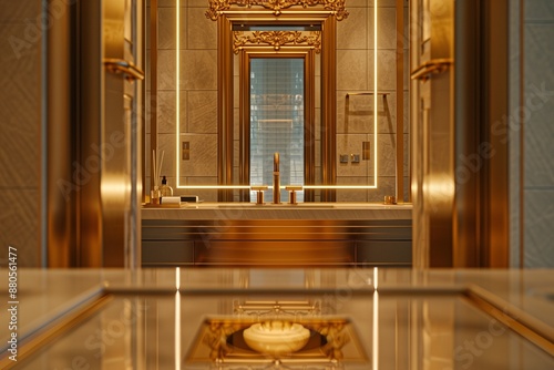 A straight-on view of a modern bathroom featuring a golden faucet and sink, with a large, ornate mirror framed in gold directly above, reflecting the elegance of the room. photo