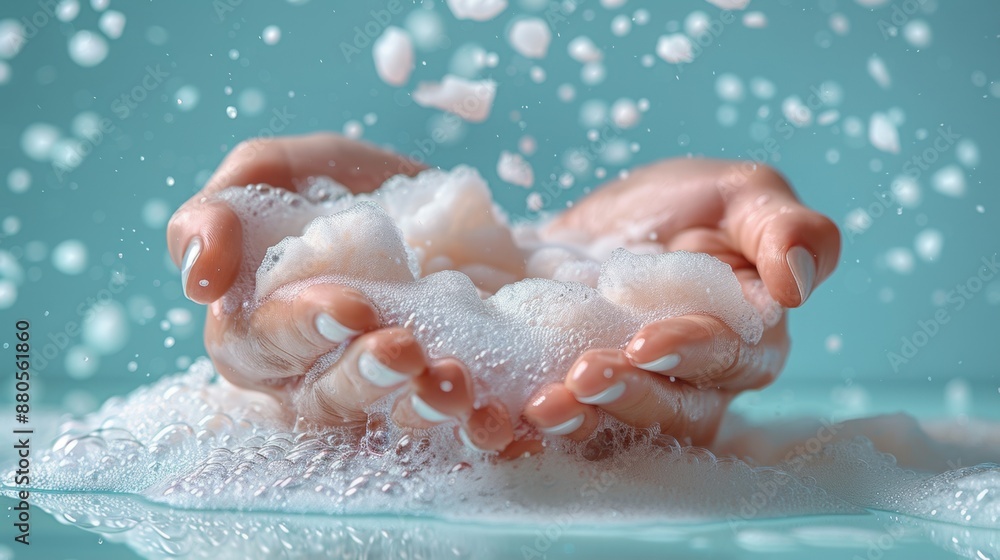 hands washing a white woollen fabric with a dense foam against a powder blue background hands washing a white woollen fabric with a dense foam against a powder blue background