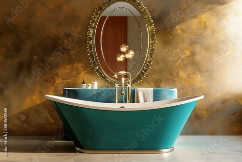 A straight-on view of a modern bathroom setup with a teal bathtub against a golden background, paired with a sleek, oval mirror with golden accents. photo