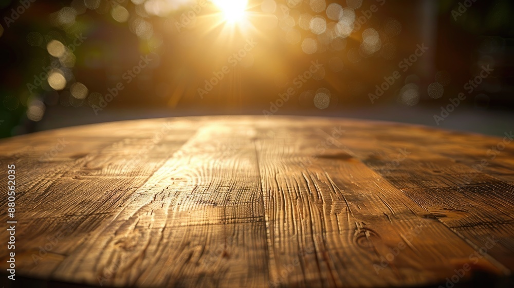 Round wooden table with added artificial light for a warm summer vibe Image with space for text Round wooden table with added artificial light for a warm summer vibe Image with space for text