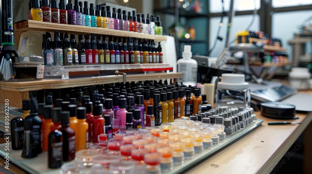 A professional nail artist's workstation, complete with an array of nail polish colors. A professional nail artist's workstation, complete with an array of nail polish colors.