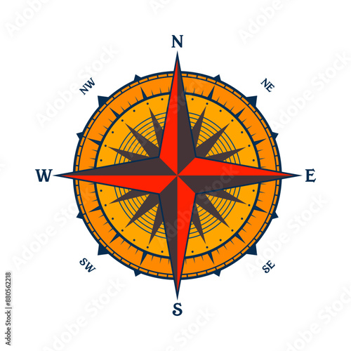 Vintage marine wind rose, nautical chart. Colorful navigational compass with cardinal directions of North, East, South, West. Geographical position, cartography and navigation. Vector illustration
