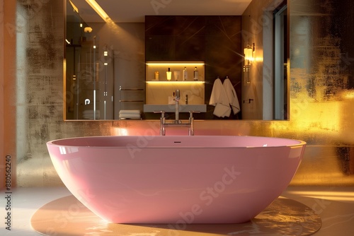 A straight-on view of a pink bathtub in a luxurious bathroom with a golden background, with a large, frameless mirror reflecting the minimalist decor and warm, elegant lighting. photo