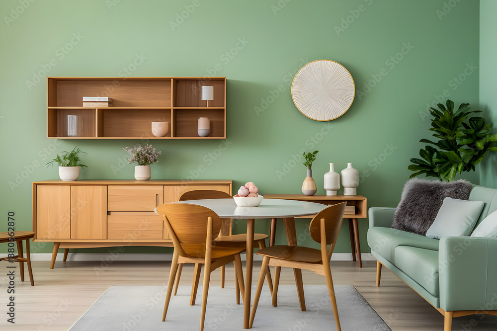 The Scandinavian, mid-century home interior design features mint color chairs, a round wooden dining table, a sofa, and a cabinet in a modern living room. The Scandinavian, mid-century home interior design features mint color chairs, a round wooden dining table, a sofa, and a cabinet in a modern living room.