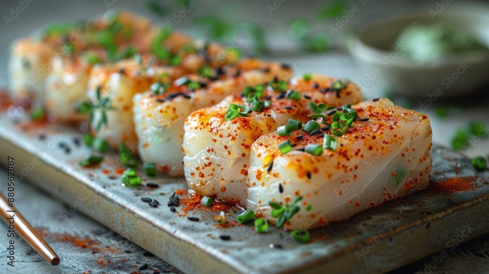 Japanese food hossomaki, in dark beige and white style, stained, on it and chopsticks, in light beige and blue style on gray background Japanese food hossomaki, in dark beige and white style, stained, on it and chopsticks, in light beige and blue style on gray background