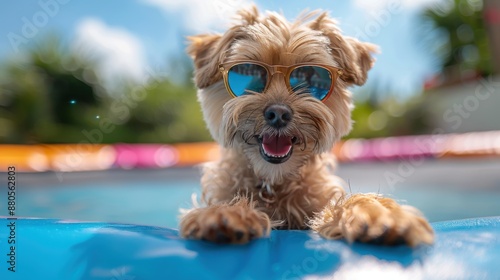 A cute dog with sunglasses enjoying a sunny day by the pool, radiating happiness and fun in a vibrant outdoor setting with clear blue skies.