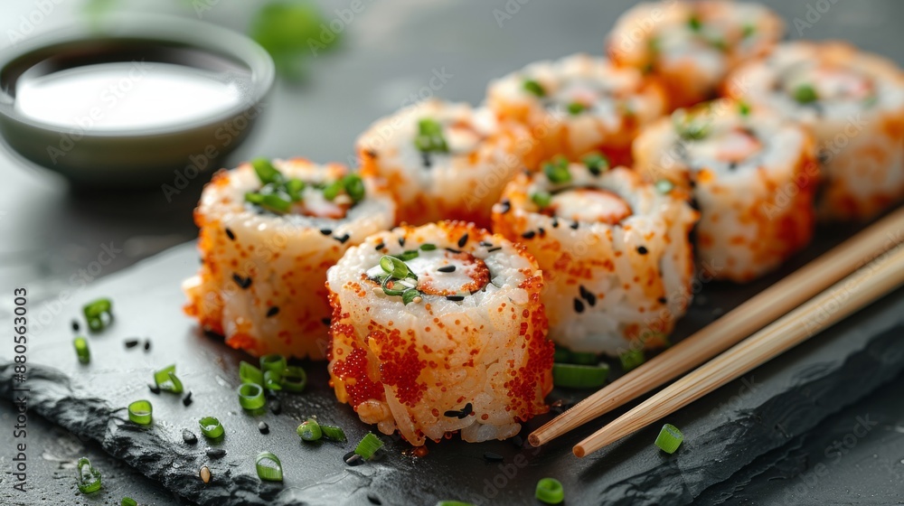 Japanese food hossomaki, in dark beige and white style, stained, on it and chopsticks, in light beige and blue style on gray background Japanese food hossomaki, in dark beige and white style, stained, on it and chopsticks, in light beige and blue style on gray background