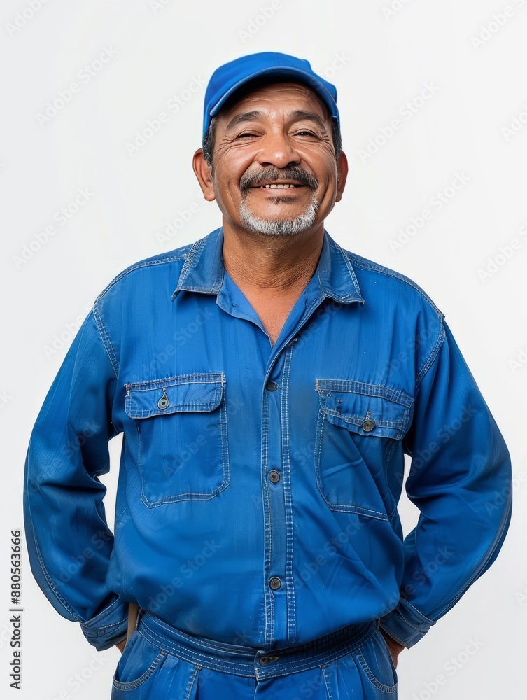 Man in Blue Overalls Standing With Hands on Hips Man in Blue Overalls Standing With Hands on Hips