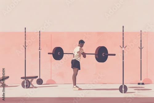 athletic guy in a gym doing workout power lifting flat illustration in neutral color palette