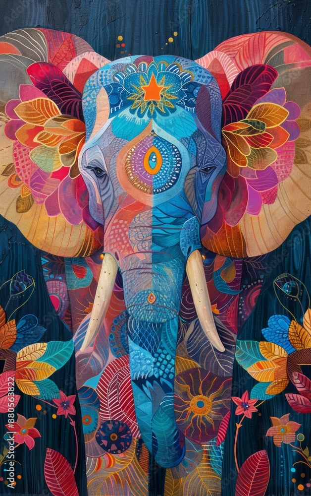 Fototapeta premium A colorful, abstract portrait of an elephant with floral patterns.