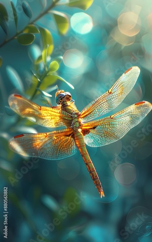Wallpaper Mural A delicate dragonfly with translucent wings rests on a green branch against a blurred background of blue and green. Torontodigital.ca