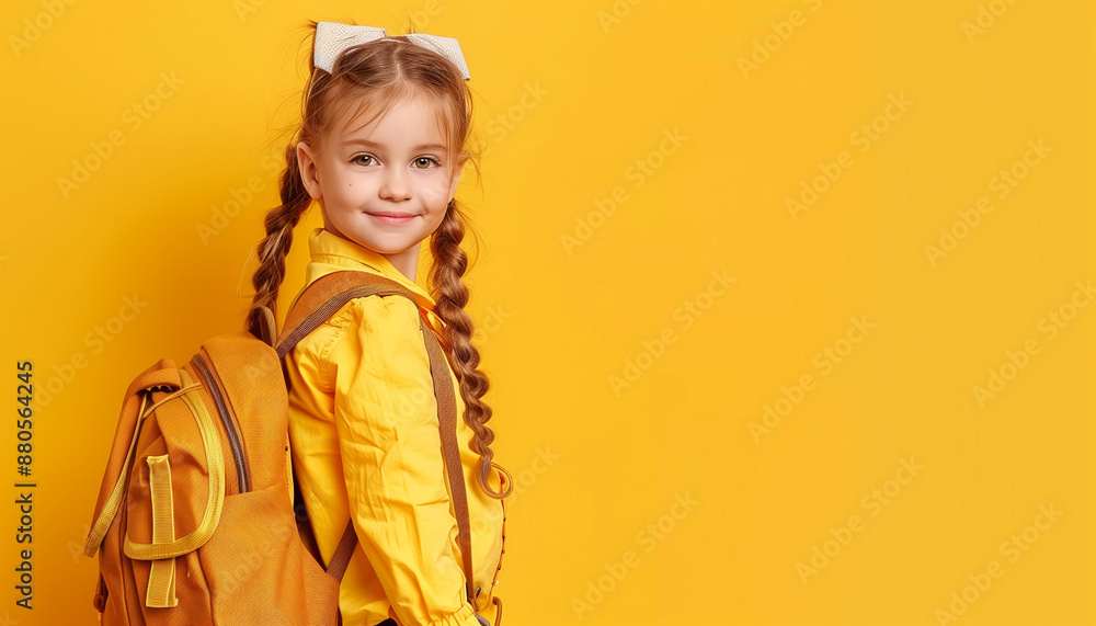 Funny child school girl girl with backpack on yellow background Funny child school girl girl with backpack on yellow background