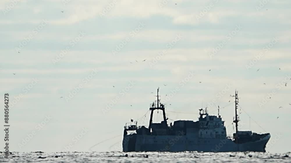 Big fishing boat trawling and catching fish as it crosses sea at horizon line during sunset. the fishing and sea-faring industry. Slow motion. Vessel crossing sea at horizon line. Big fishing boat trawling and catching fish as it crosses sea at horizon line during sunset. the fishing and sea-faring industry. Slow motion. Vessel crossing sea at horizon line.
