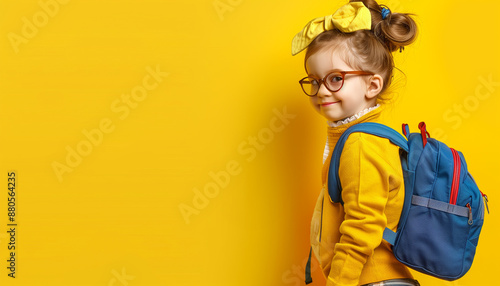 Funny child school girl girl with backpack on yellow background 