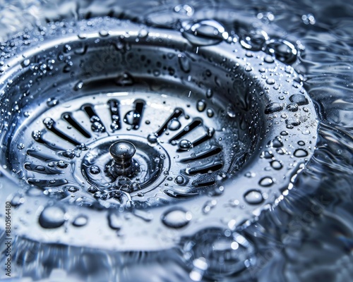 Detailed close up of kitchen sink drain blockage, focus on clog in plumbing system photo