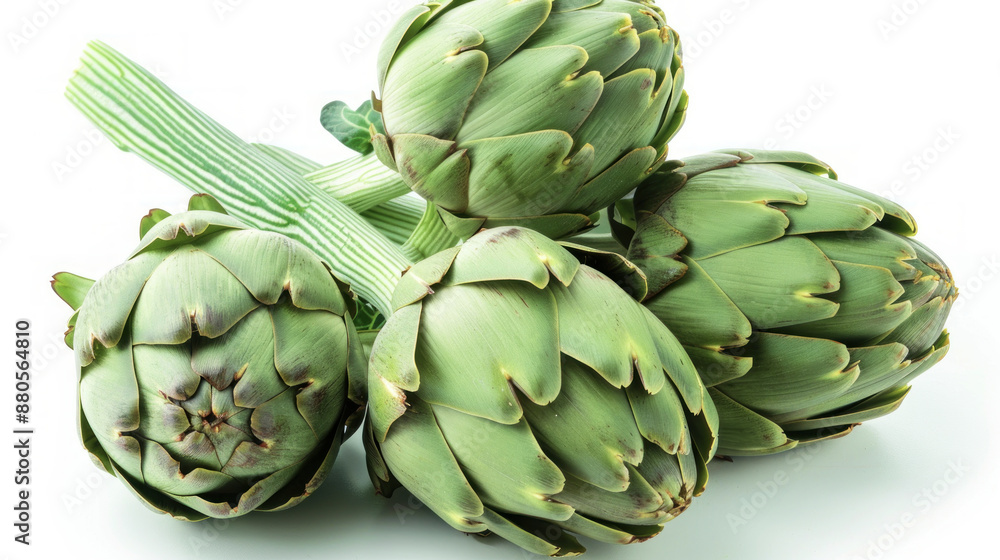 Fototapeta premium Fresh green artichokes on white background