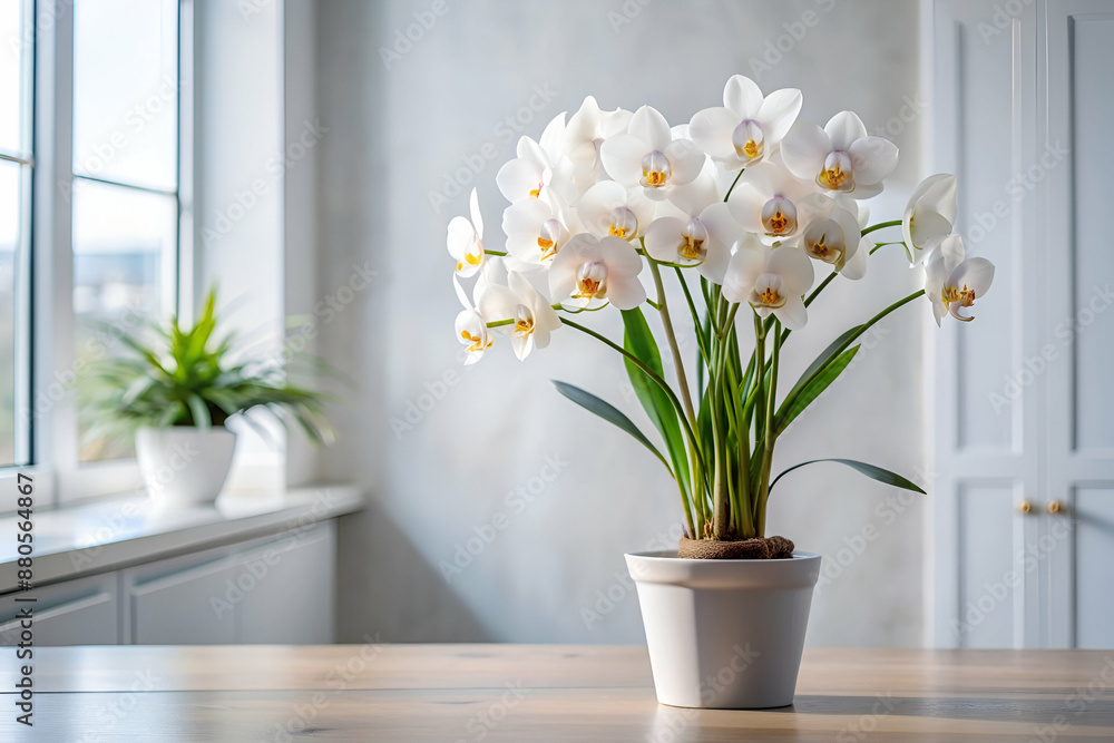 A white flower pot with a bunch of white flowers in it sits on a wooden table. The flowers are in full bloom and the pot is placed in front of a window. Concept of freshness and natural beauty A white flower pot with a bunch of white flowers in it sits on a wooden table. The flowers are in full bloom and the pot is placed in front of a window. Concept of freshness and natural beauty