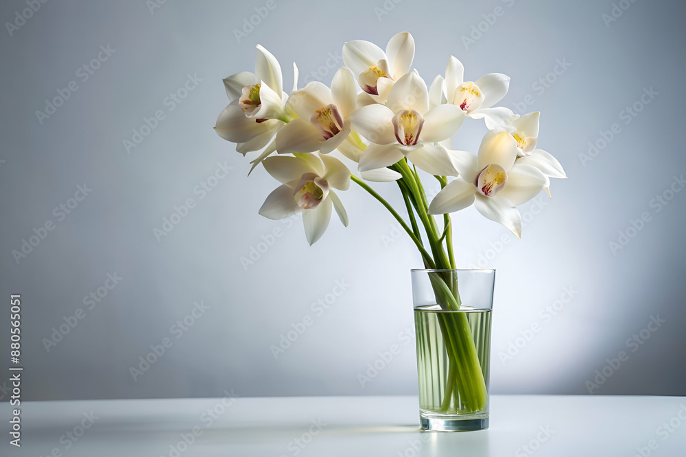 A vase of white flowers sits on a table. The flowers are in a tall glass vase and are arranged in a way that they are all facing the same direction A vase of white flowers sits on a table. The flowers are in a tall glass vase and are arranged in a way that they are all facing the same direction
