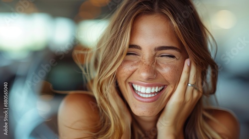 A woman with blonde hair and light freckles is laughing heartily, with a gleeful expression capturing genuine joy, creating a warm and sunny atmosphere in a bright setting.