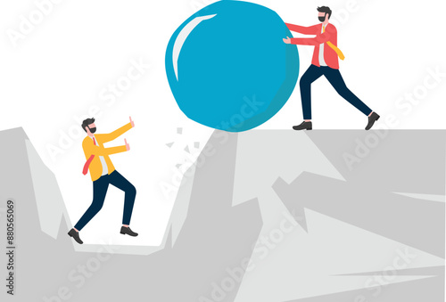 Businessman lifts a stone and throws it at the trapped companion

